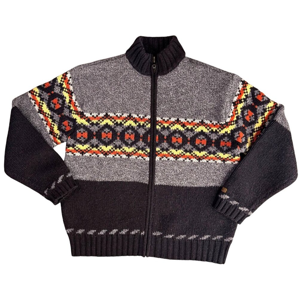 Vintage Ruff Hewn Mens Fair Isle Cardigan Sweater Size L Zip Knit 70s Dad Brown